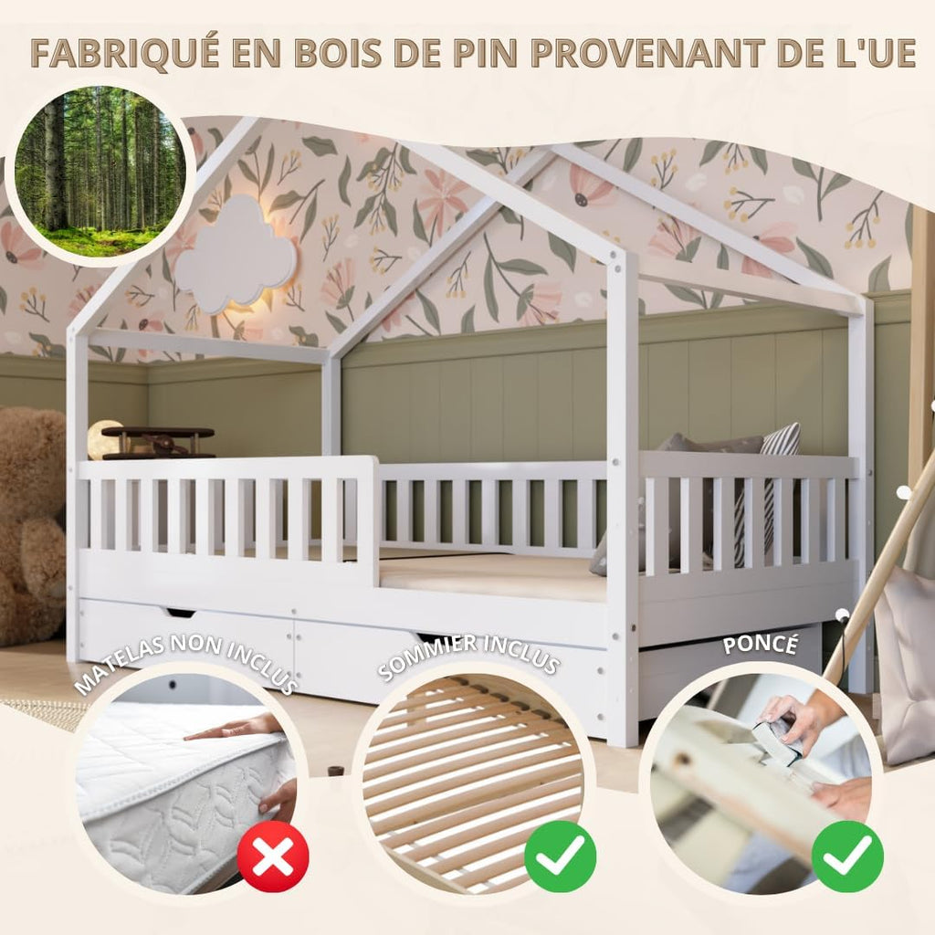 2026 Lit cabane Crazy Pine Crazy House avec tiroirs 190 x 90 cm &ndash; Lit enfant en bois naturel avec barri&egrave;re &ndash; Lit Montessori au sol avec rangement suppl&eacute;mentaire et barri&egrave;re amovible