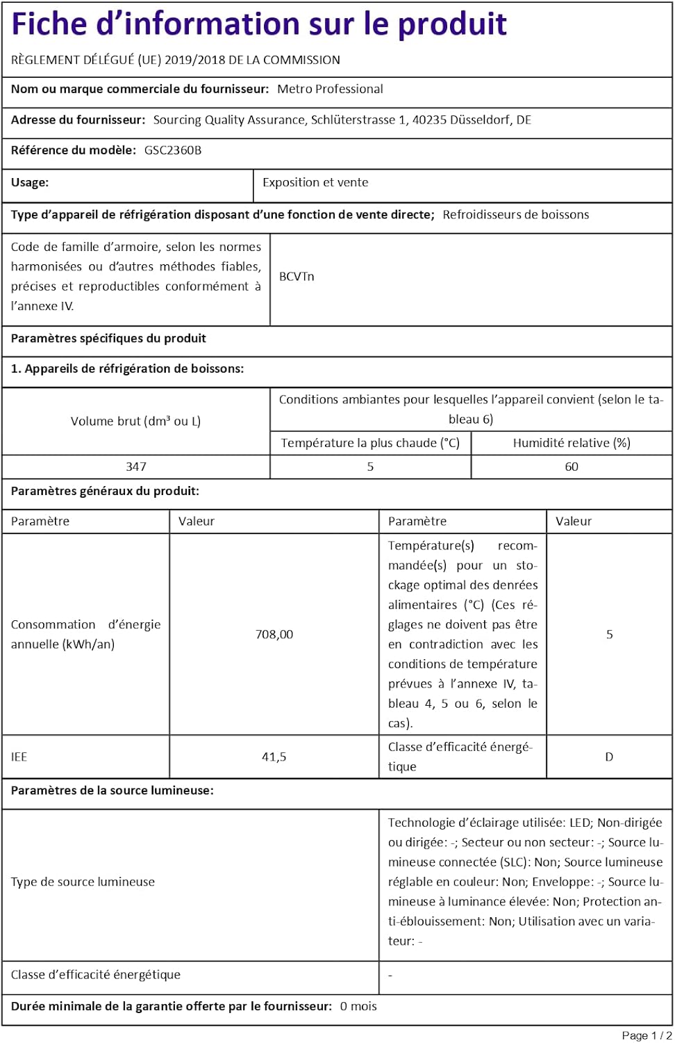 2026 METRO Professional Réfrigérateur à Boissons GSC2360B, Acier/Verre, 62 x 63.6 x 175.3 cm, 347 L, avec Serrure, Noir