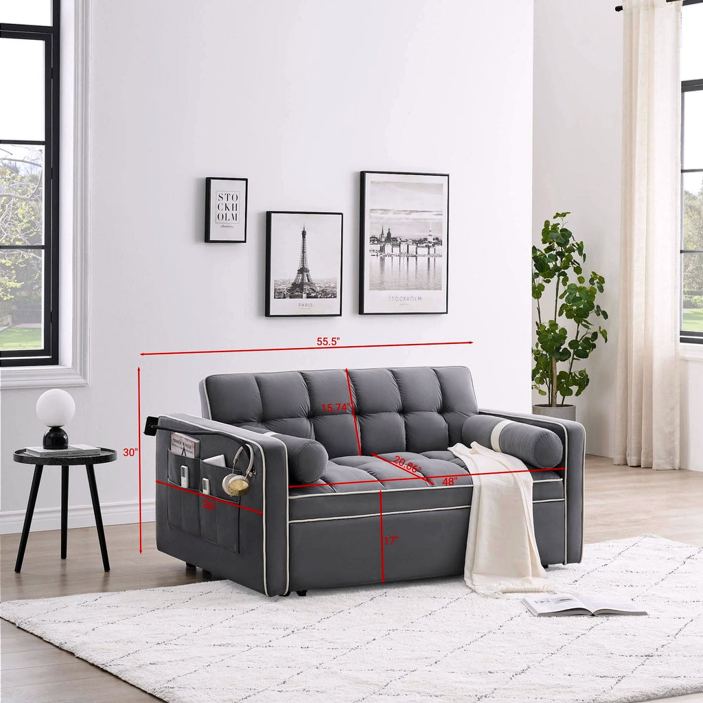 2026 Canapé-lit convertible 3-en-1, petit canapé en velours avec lit escamotable, dossier réglable, coussins cylindriques, poches multiples et porte-téléphone – Gris, 55,5"