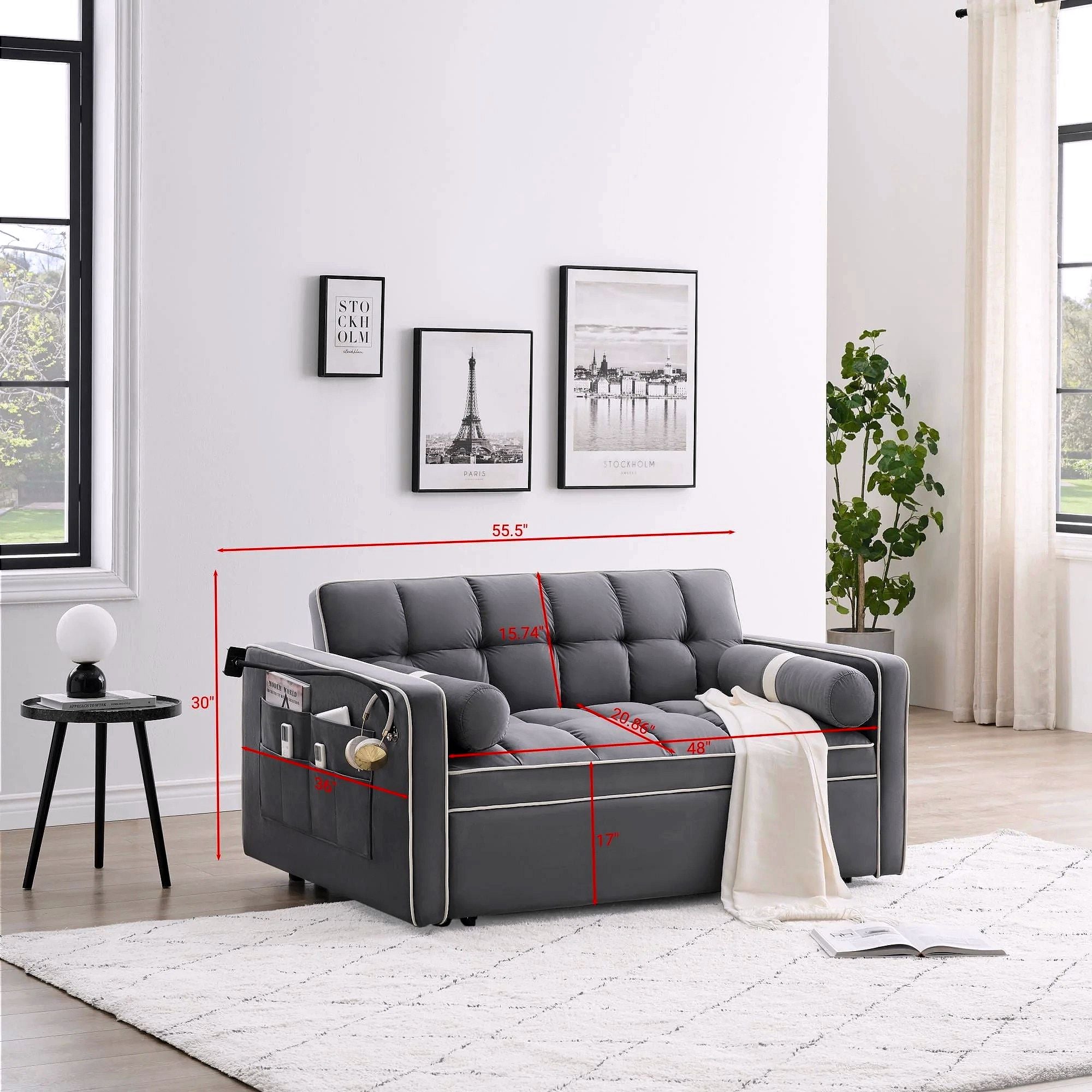 2026 Canapé-lit convertible 3-en-1, petit canapé en velours avec lit escamotable, dossier réglable, coussins cylindriques, poches multiples et porte-téléphone – Gris, 55,5"