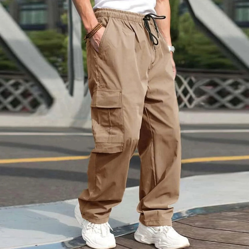 2026 Men's Casual Straight Cargo Trousers Drawstring Waist Pockets Style Everyday