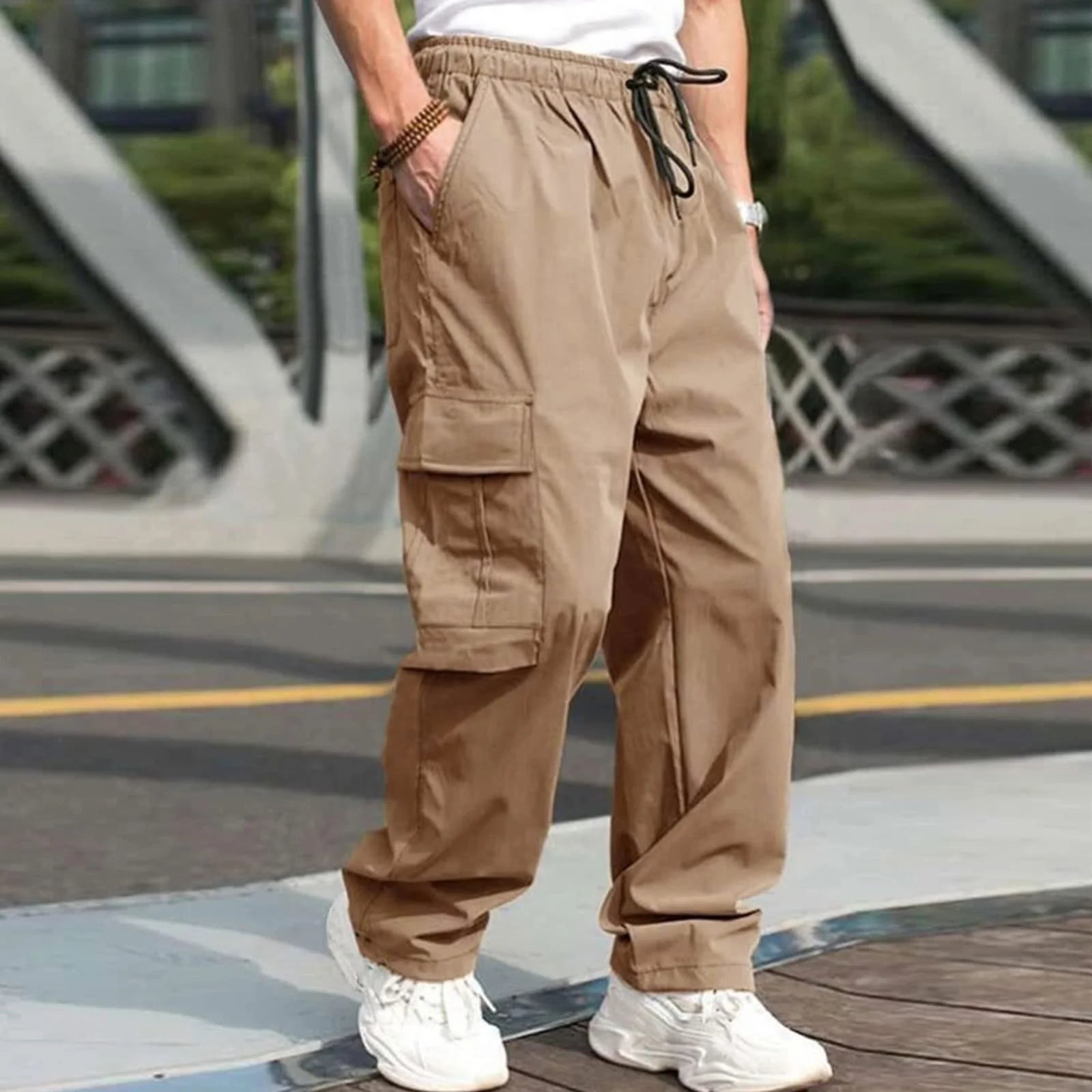 2026 Men's Casual Straight Cargo Trousers Drawstring Waist Pockets Style Everyday