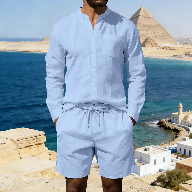 2026 Men's Casual Linen Shirt and Shorts Summer Two Piece Set