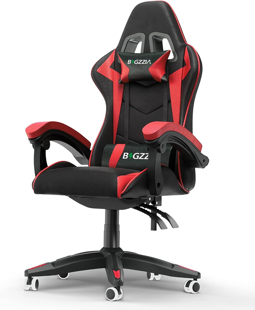2026 Bigzzia Gaming-Stuhl, Bürostuhl, Liegestuhl, hohe Rückenlehne, Leder, verstellbar, drehbar, rollbar, ergonomisch, Videospiel-Stühle, Rennstuhl, Computer-Schreibtischstuhl mit Kopfstütze und Lendenwirbelstütze (Schwarz/Rot)