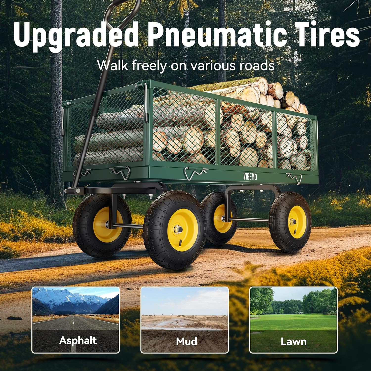 2026 Steel Garden Cart, 2-in-1 1400 lbs Heavy Duty Utility Wagon, with Removable Mesh Sides to Convert into Flatbed, 240° U-Turn 13" Pneumatic Tires Garden Wagon for Farm Yard Lawn Garden Camping