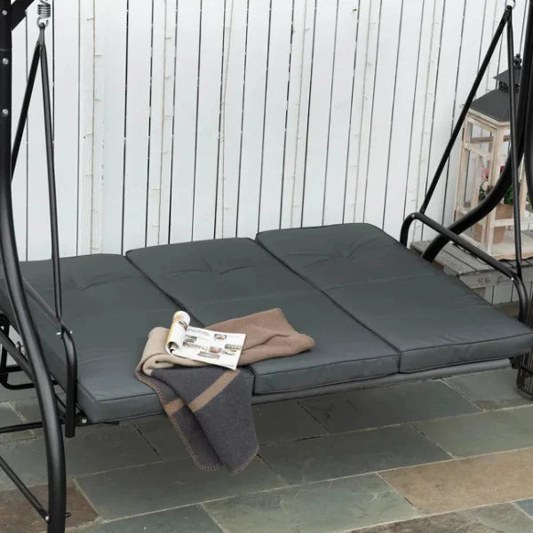 2026 Balancelle de jardin 3 places convertible matelas fourni gris mtal noir -