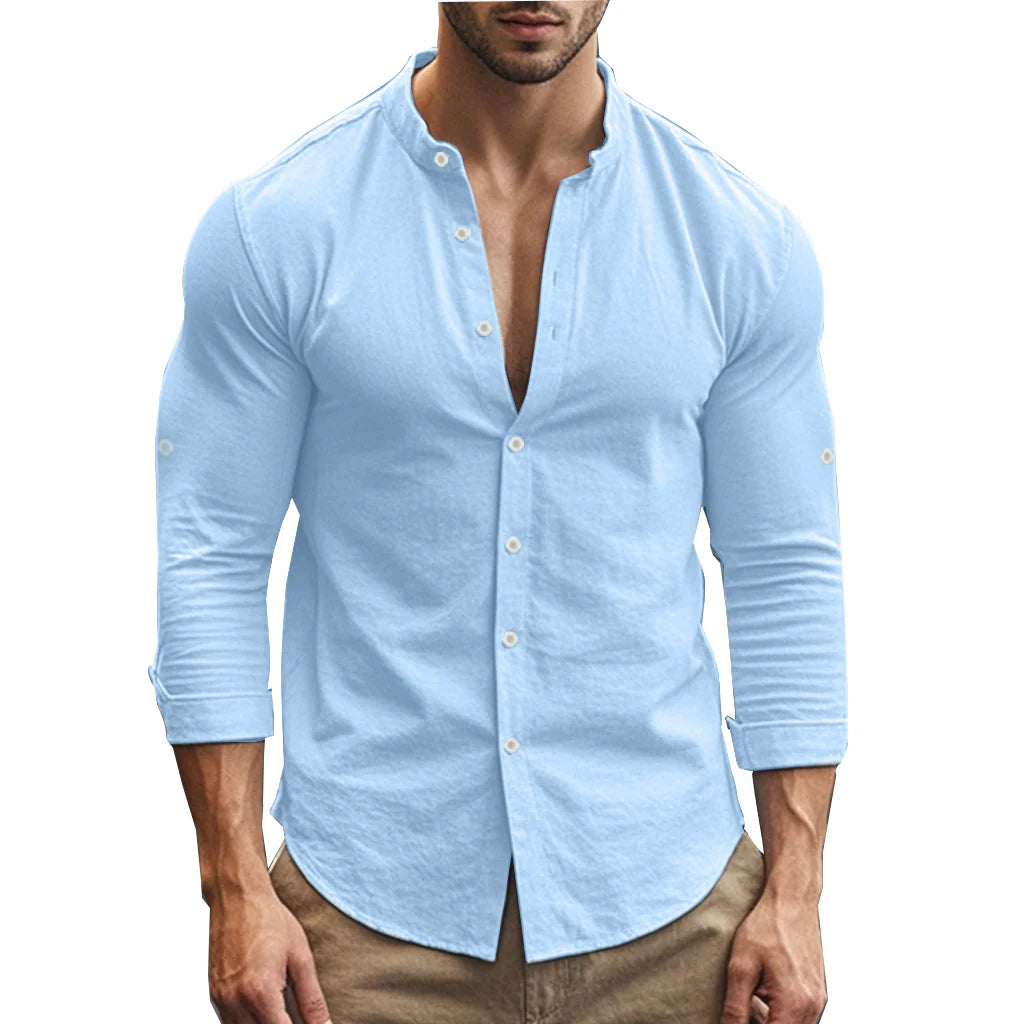 2026 Men's Casual Cotton Standing Collar Long Sleeve Summer Shirt Breathable