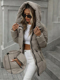 Manteau à capuche matelassé mi-long longueur hiver réglable waist chaud pour femme