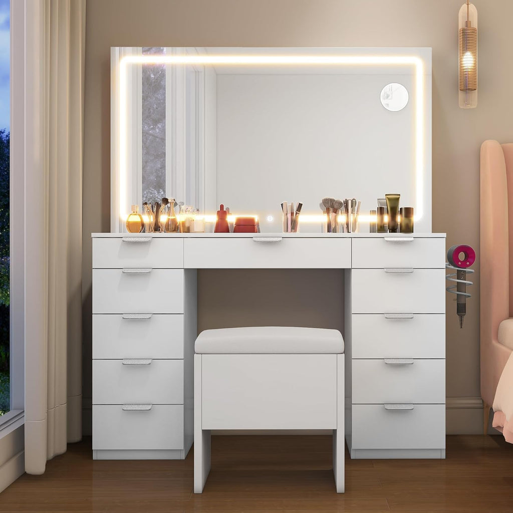 2026 Grande Coiffeuse avec éclairage LED réglable et Prises électriques, Coiffeuse avec Miroir, Toit en Verre Transparent, 11 tiroirs et Tabouret, Blanc