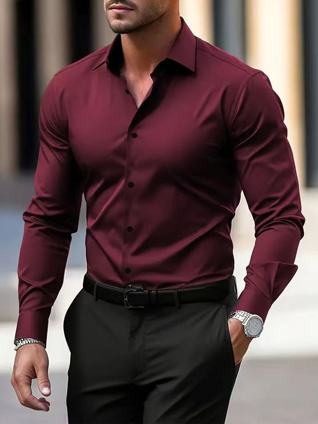 Men's solid color button-down long sleeve summer lapel shirt by LAKD, shown in a clean, classic design with a collar and button front.