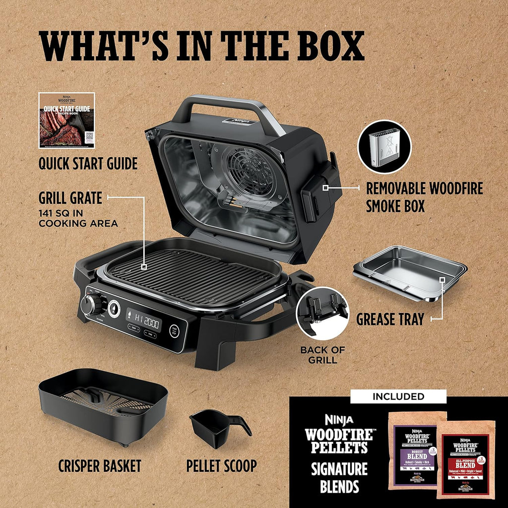 2026 Ninja Woodfire Pro Gril et fumoir 7 en 1 avec thermomètre, friteuse à air, barbecue, pâtisserie, grillades, grillades, barbecue électrique portable pour extérieur, gris