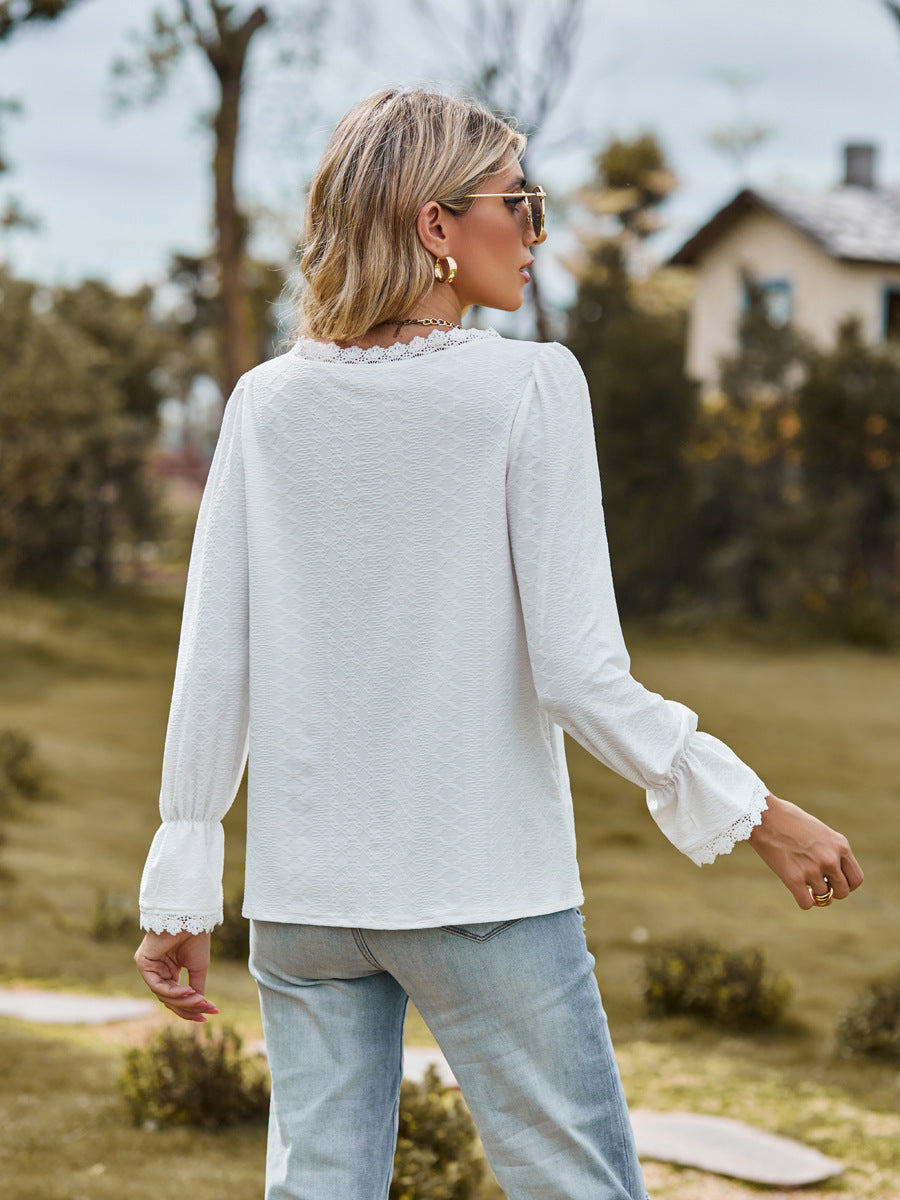 Women's Jacquard Lace V-Neck Long Sleeve Casual Blouse Top - LAKD London