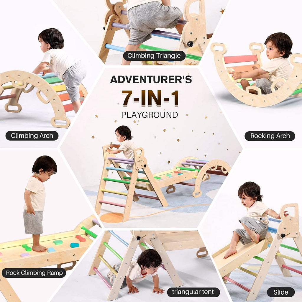 2026 Ensemble Triangle de Pikler 7-en-1 – Aire d’Escalade Montessori Pliable en Bois pour Enfants, avec Arche, Rampe & Échelle – Arc-en-ciel