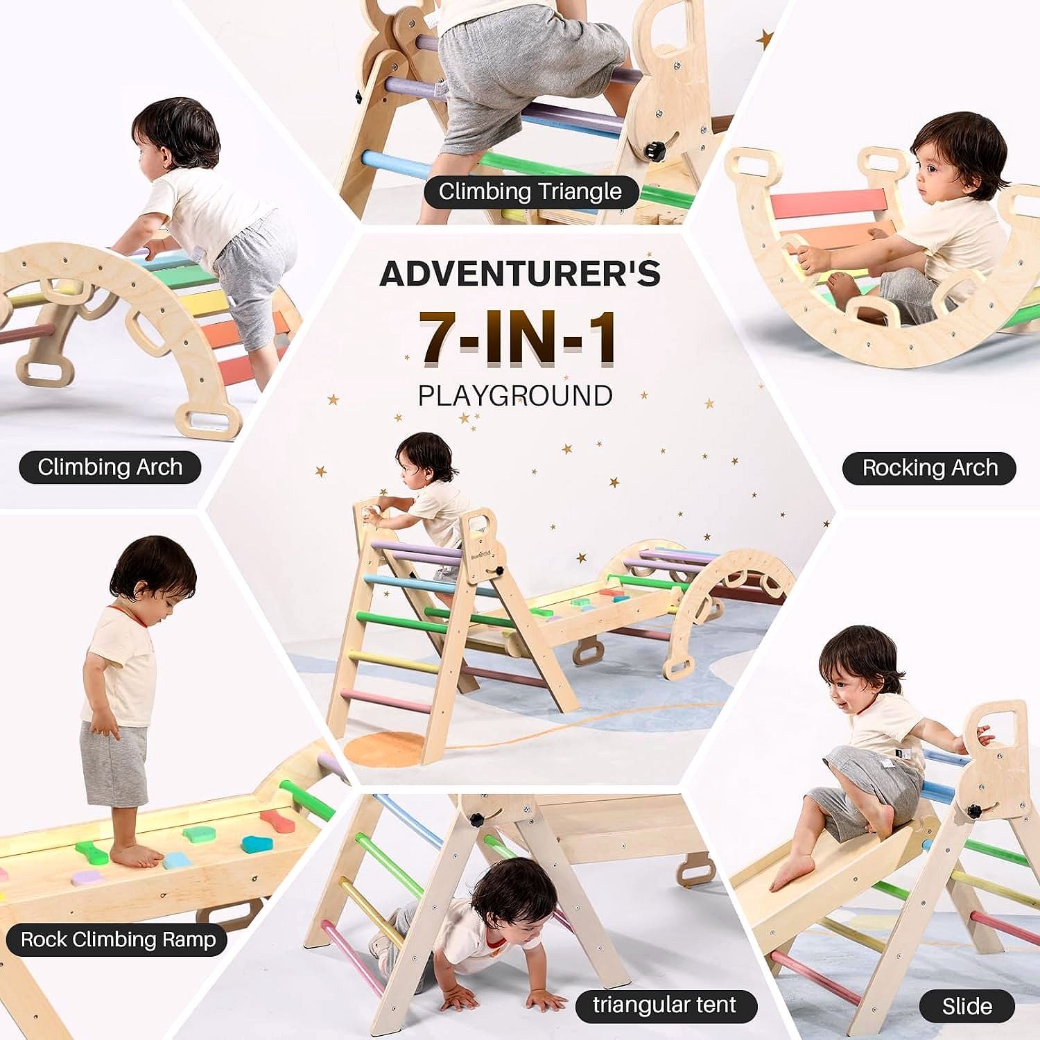 2026 Ensemble Triangle de Pikler 7-en-1 – Aire d’Escalade Montessori Pliable en Bois pour Enfants, avec Arche, Rampe & Échelle – Arc-en-ciel