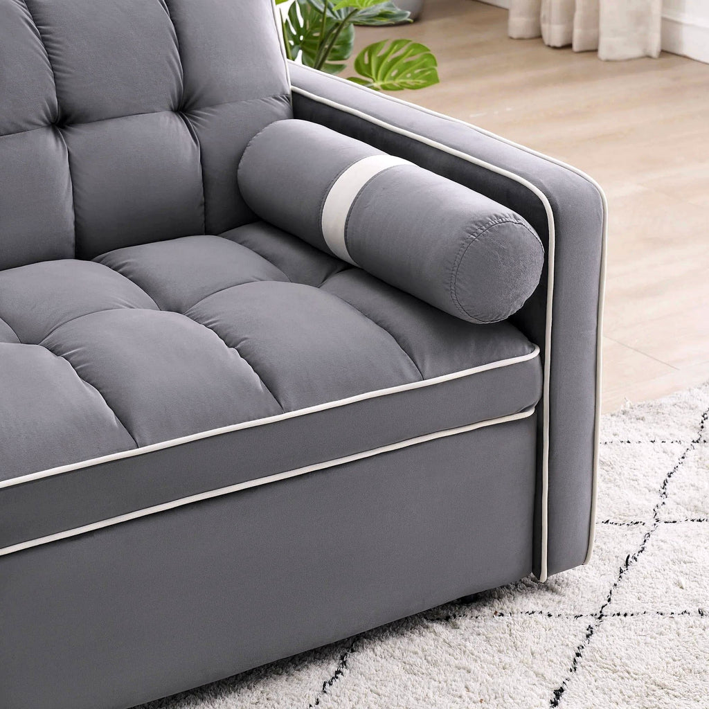 2026 Canapé-lit convertible 3-en-1, petit canapé en velours avec lit escamotable, dossier réglable, coussins cylindriques, poches multiples et porte-téléphone – Gris, 55,5"
