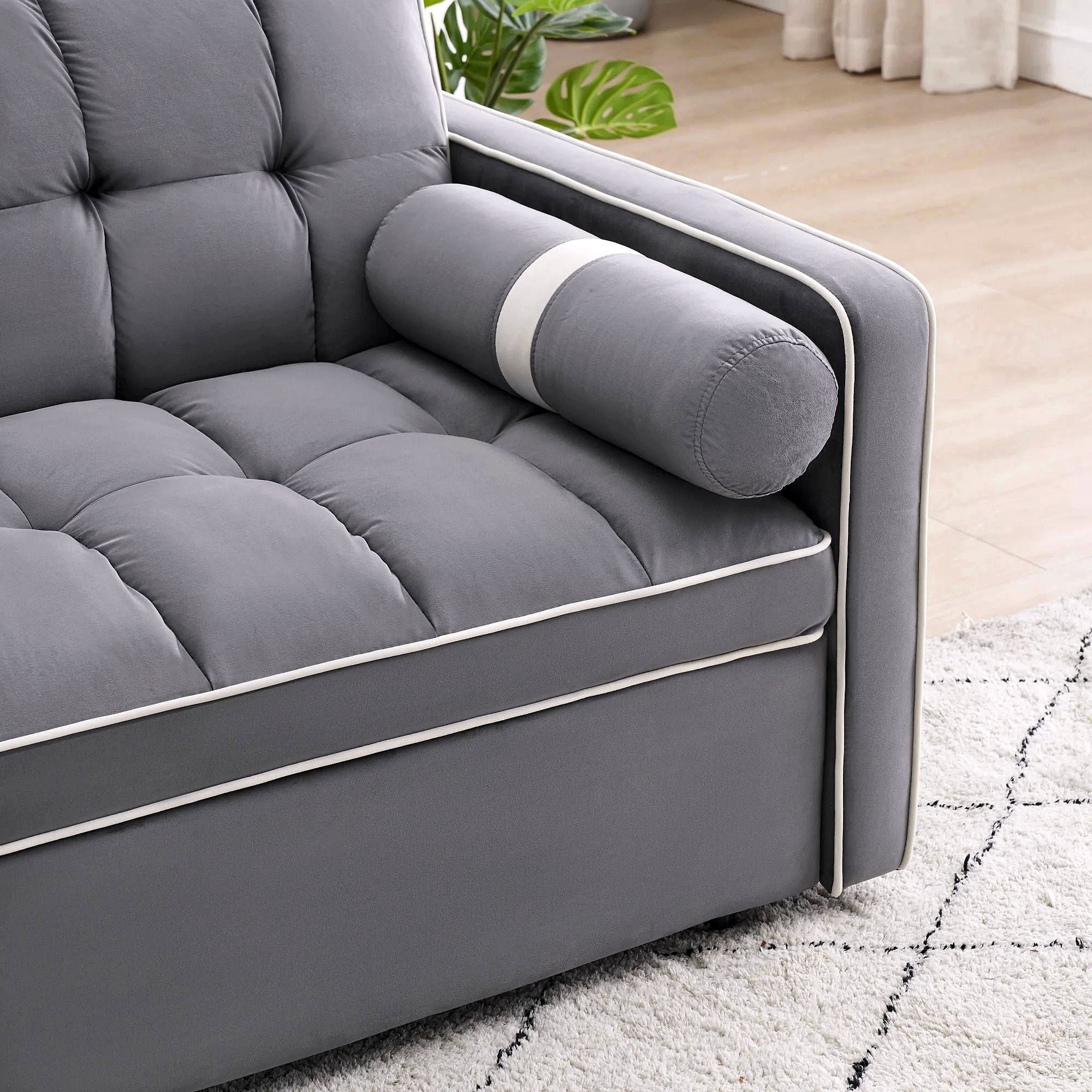 2026 Canapé-lit convertible 3-en-1, petit canapé en velours avec lit escamotable, dossier réglable, coussins cylindriques, poches multiples et porte-téléphone – Gris, 55,5"
