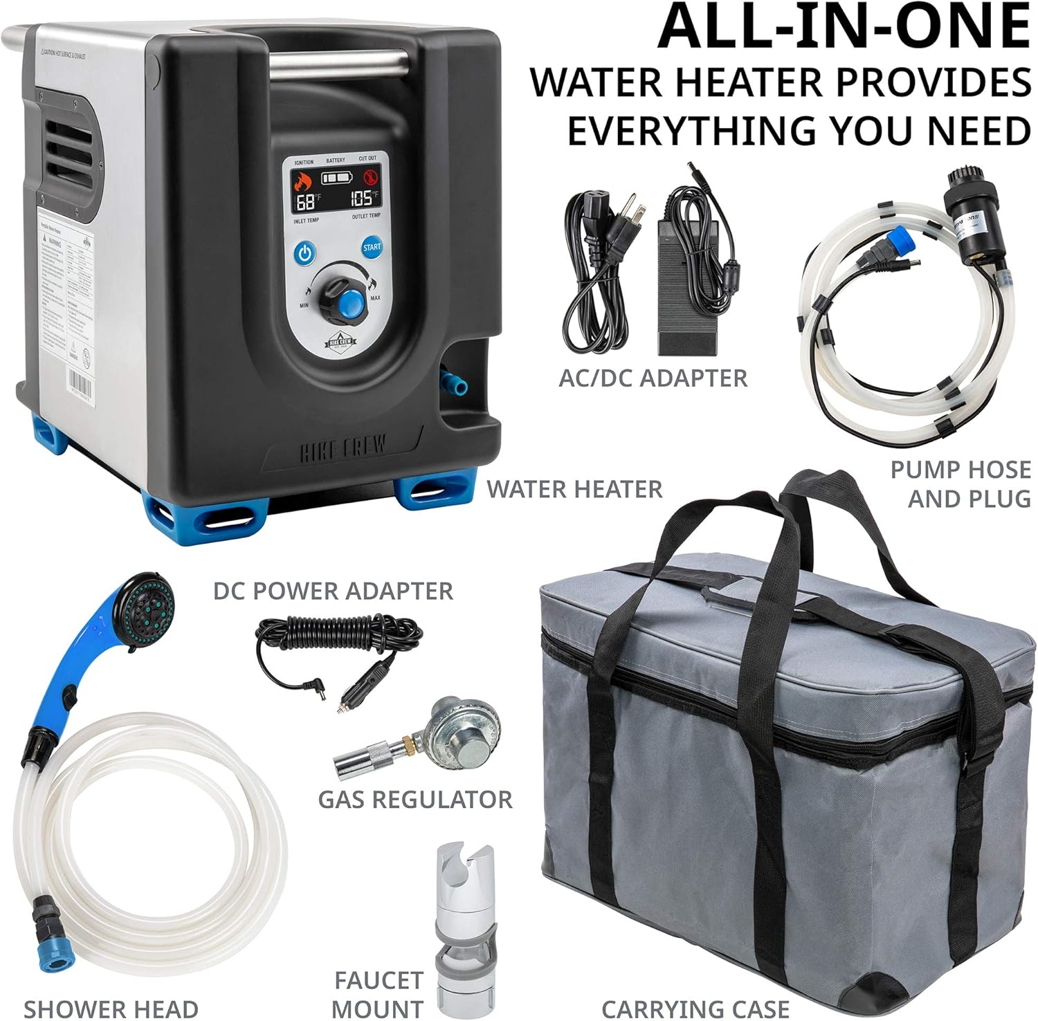 2026 Tragbarer Propan-Warmwasserbereiter und Duschpumpe mit eingebauter Batterie | Kompaktes Outdoor-Reinigungs- und Duschsystem mit LCD, Sicherheitsabschaltung und Tragetasche, sofort heißes Wasser für Camping und Wandern