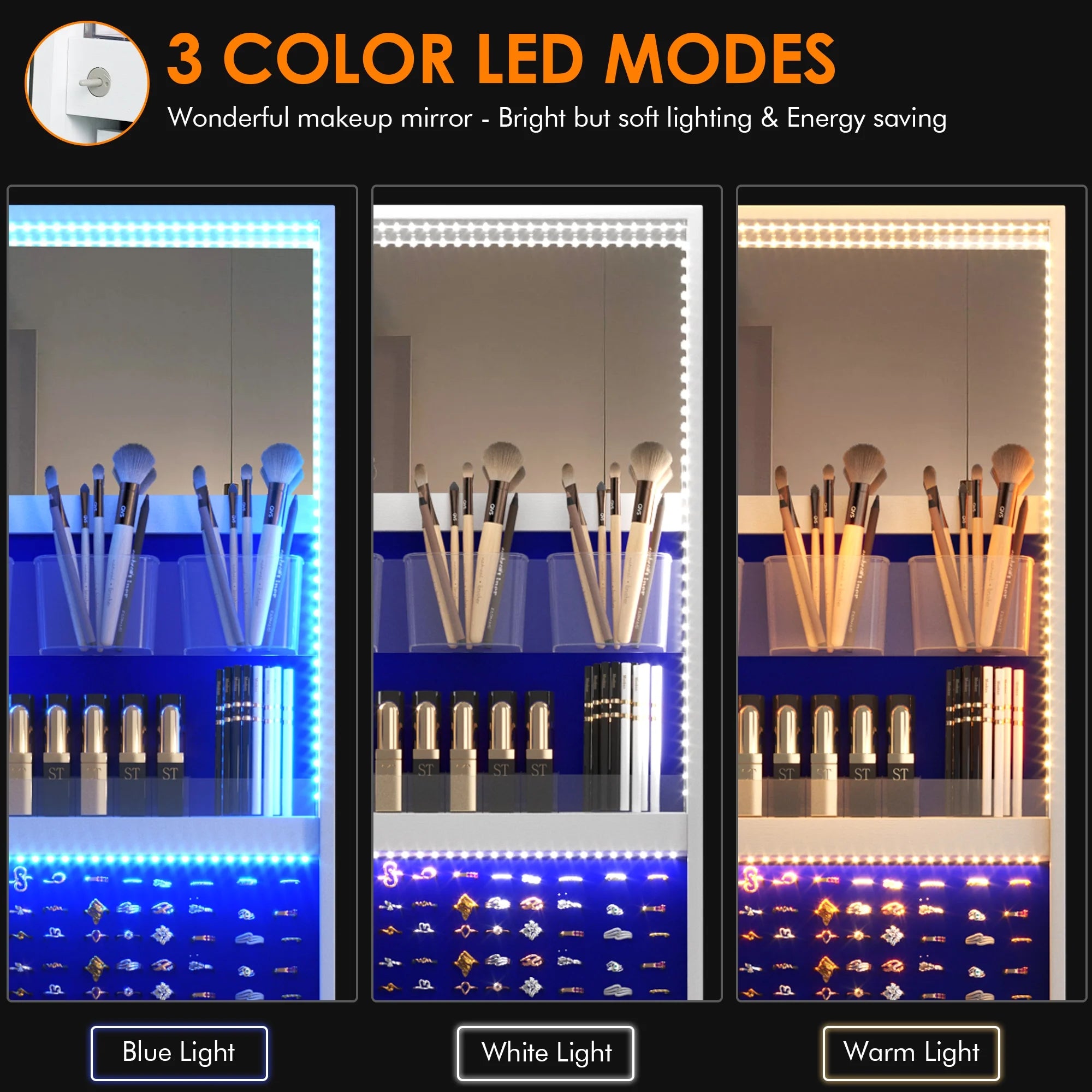 2026 LVSOMT 360° drehbarer LED-Schmuckschrank mit Ganzkörperspiegel, großer Schmuckschrank, verschließbarer Standspiegel, Schmuck-Organizer mit innerem Schminkspiegel und weichem Samt für Wohnzimmer und Schlafzimmer