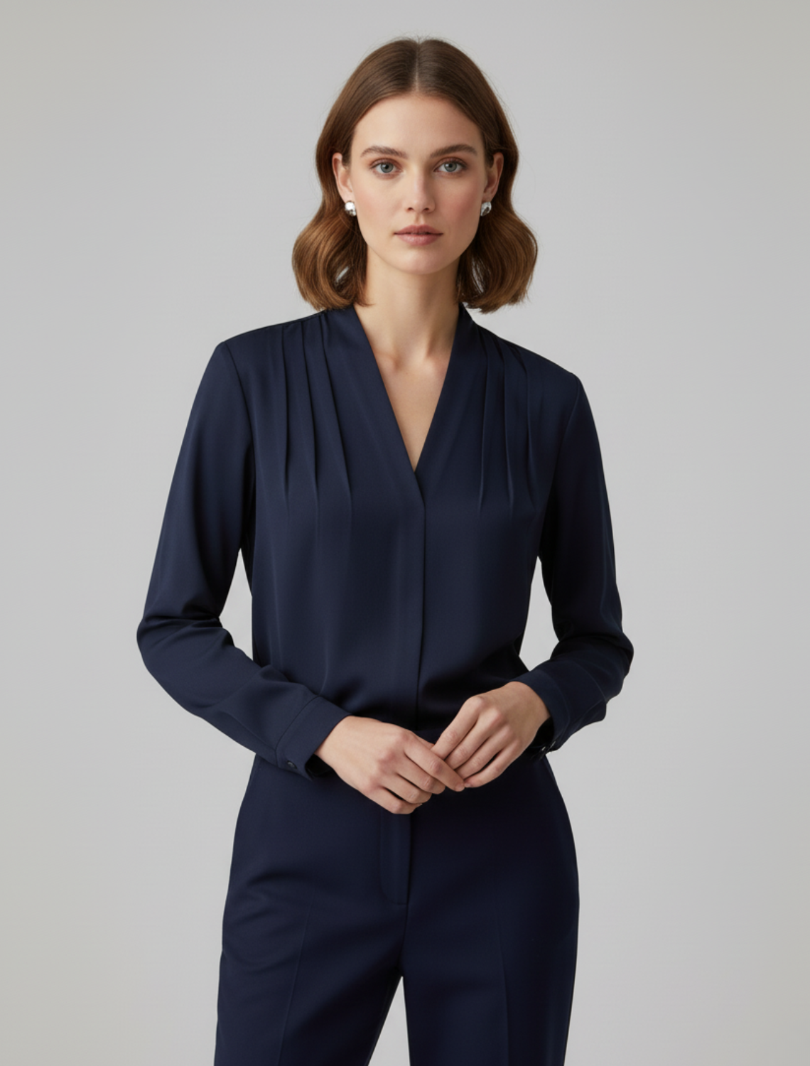 Chemisier tailleur col V manches bouffantes élégant workwear pour femme