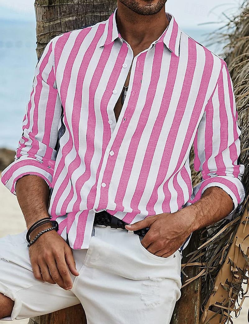 Chemise rayé manches longues en coton été décontracté respirant pour homme