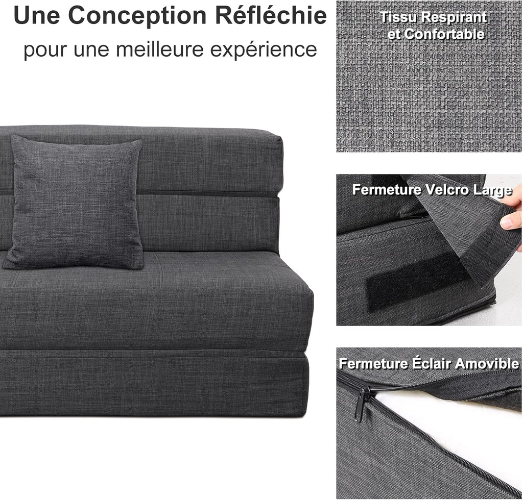 2026 ANONER Canapé Convertible 2 Places 150cm de Large, Pliable en Mousse à Mémoire de Forme & 2 Oreillers, Lit Pliant de Sol pour Chambre Salon, Gris Foncé