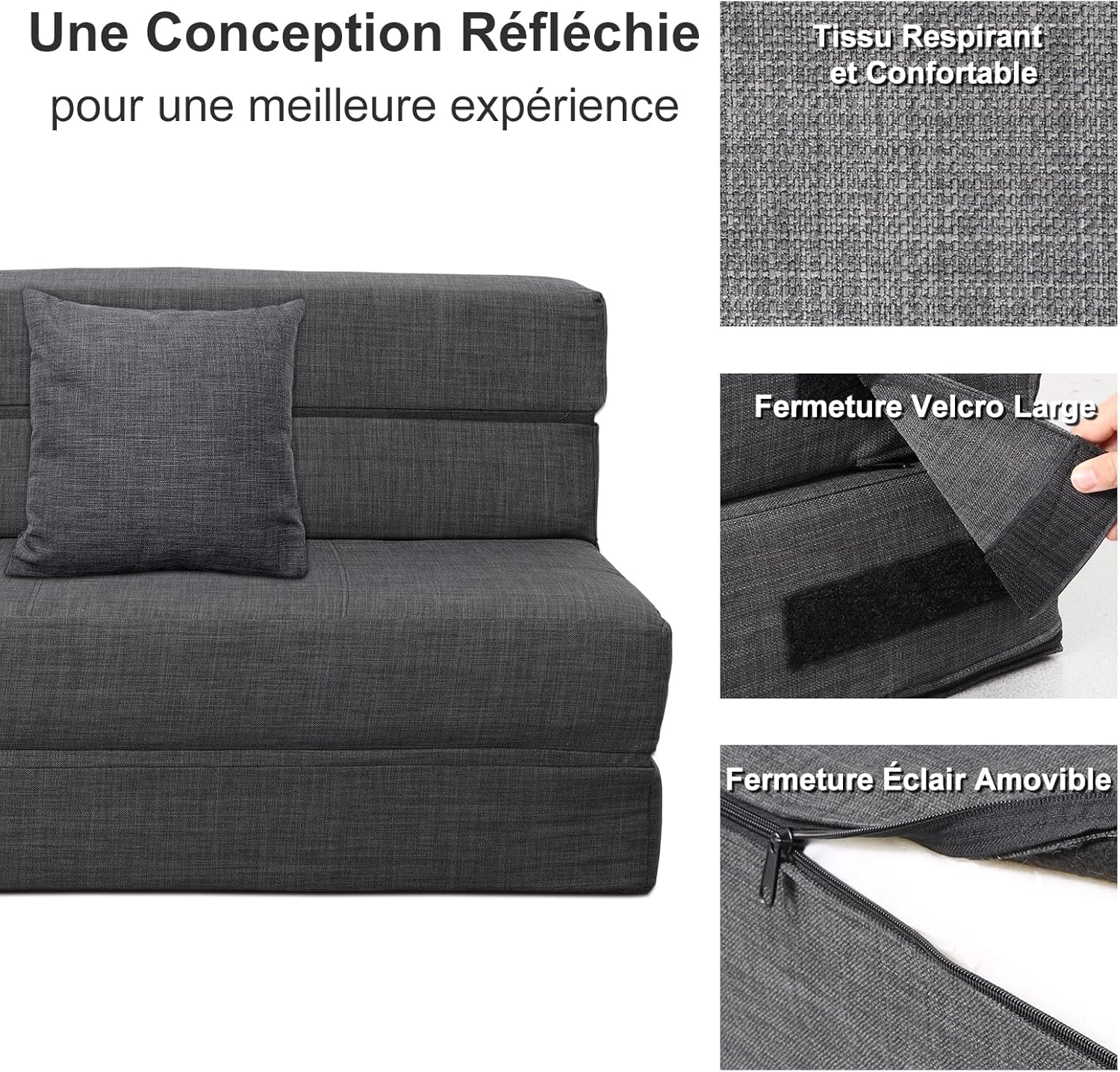 2026 ANONER Canapé Convertible 2 Places 150cm de Large, Pliable en Mousse à Mémoire de Forme & 2 Oreillers, Lit Pliant de Sol pour Chambre Salon, Gris Foncé