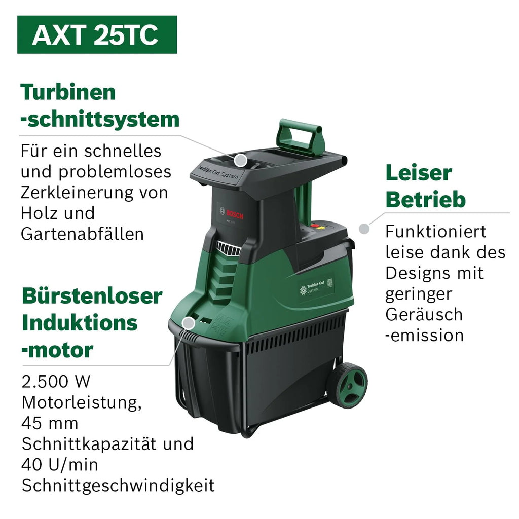 2026 2025 Broyeur à turbine Bosch AXT 25 TC (2 500 W; adapté pour le bois et les déchets de jardin durs; avec gants de jardin; bac de collecte intégré 53 l; dans une boîte) – Édition Amazon