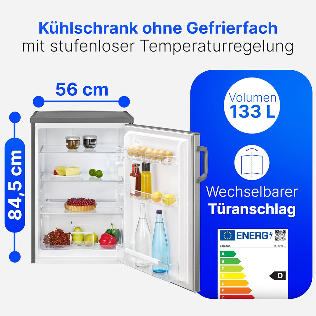 2026 Réfrigérateur 133L inox VS2195-1-inox, Capacité nette : 133 litres, Éclairage intérieur à DEL, Contrôle de la température en continu, 3 clayettes en verre