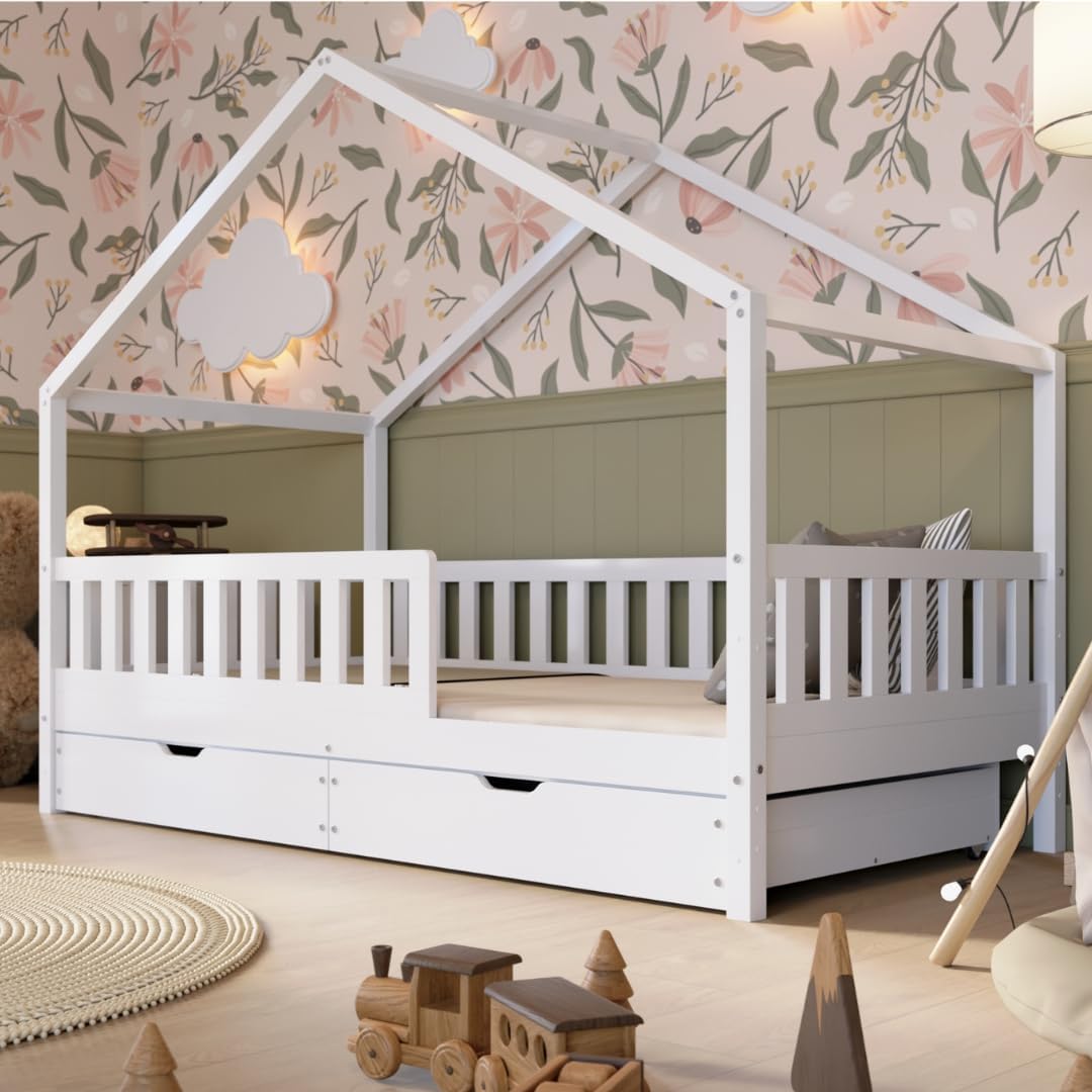 2026 Lit cabane Crazy Pine Crazy House avec tiroirs 190 x 90 cm &ndash; Lit enfant en bois naturel avec barri&egrave;re &ndash; Lit Montessori au sol avec rangement suppl&eacute;mentaire et barri&egrave;re amovible