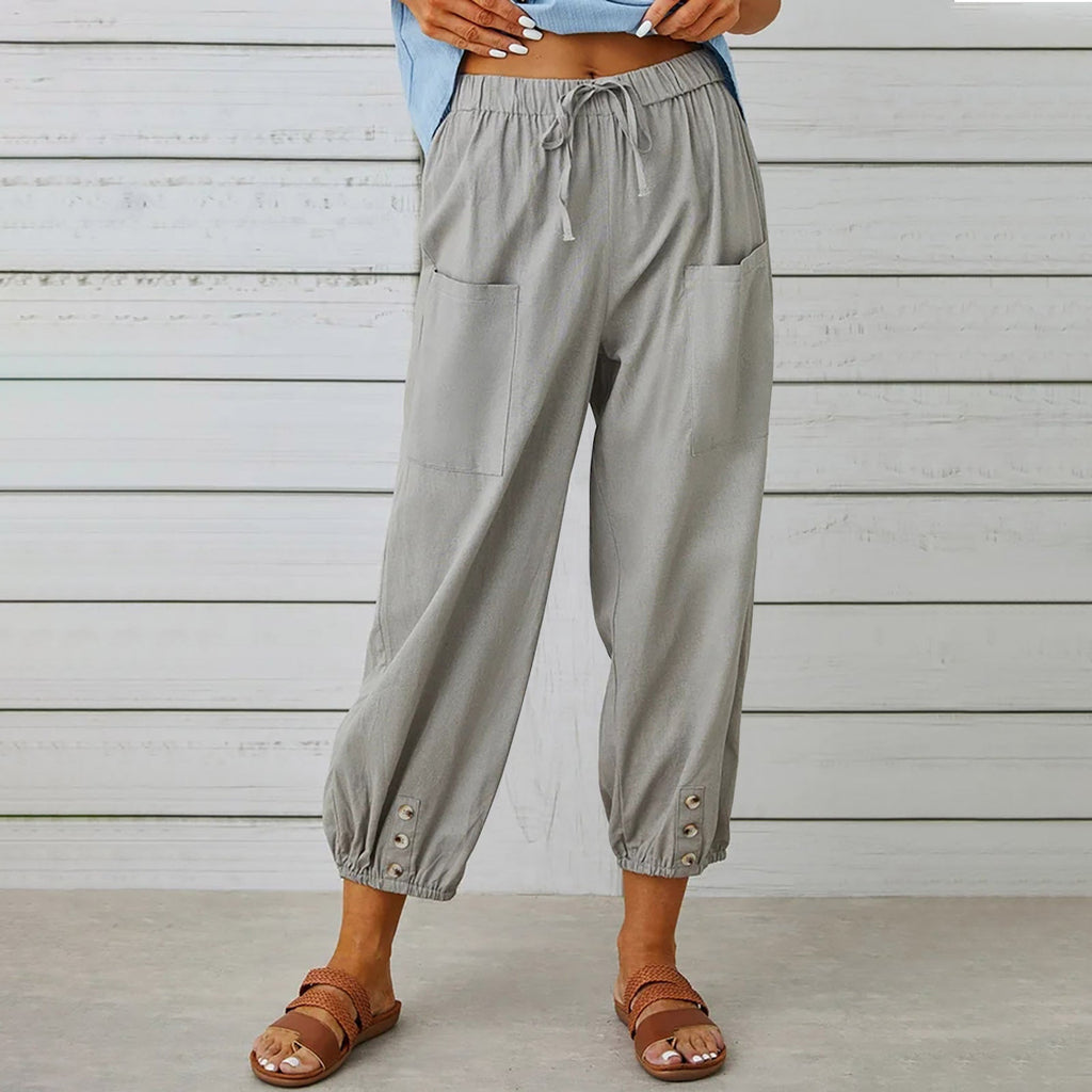 Pantalon à cordon à nouer en coton et lin poches décontracté pour femme