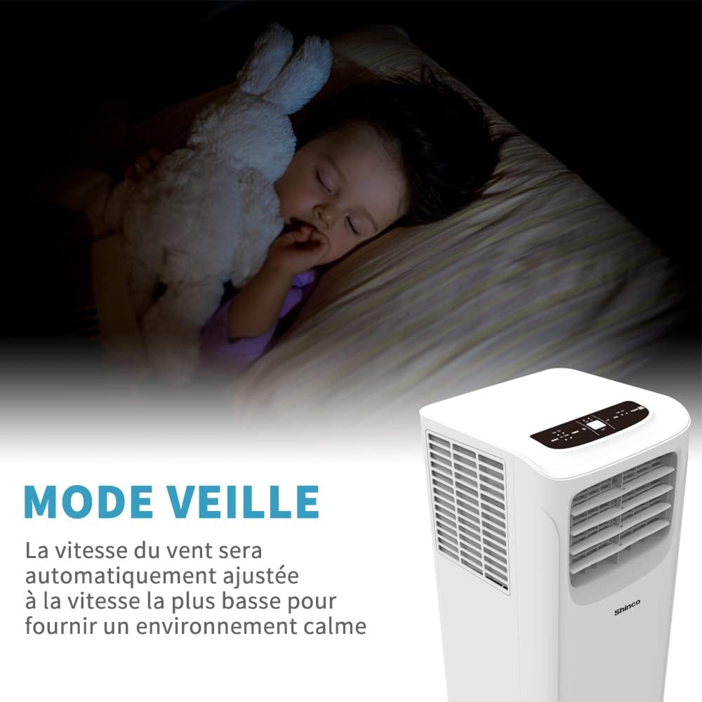 2026 SHINCO Climatiseur mobile, 7000 BTU 2,05kW, Refroidir&Ventilation&Déshumidification, taille de la pièce jusqu'à 54m³(18㎡), Climatiseur mobile avec tuyau d'évacuation et tuyau de vidange, mode sommeil