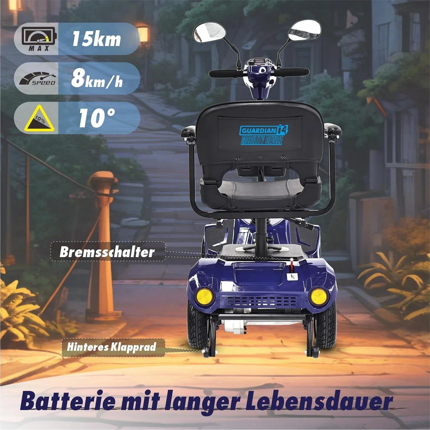 2026 Mobilitätsroller mit 4 Rädern, elektrisch betriebener Rollstuhl, kompaktes Hochleistungsmobil für unterwegs, Erwachsene, Senioren – Langstrecken-Akku mit erweiterter Leistung, Rückspiegel