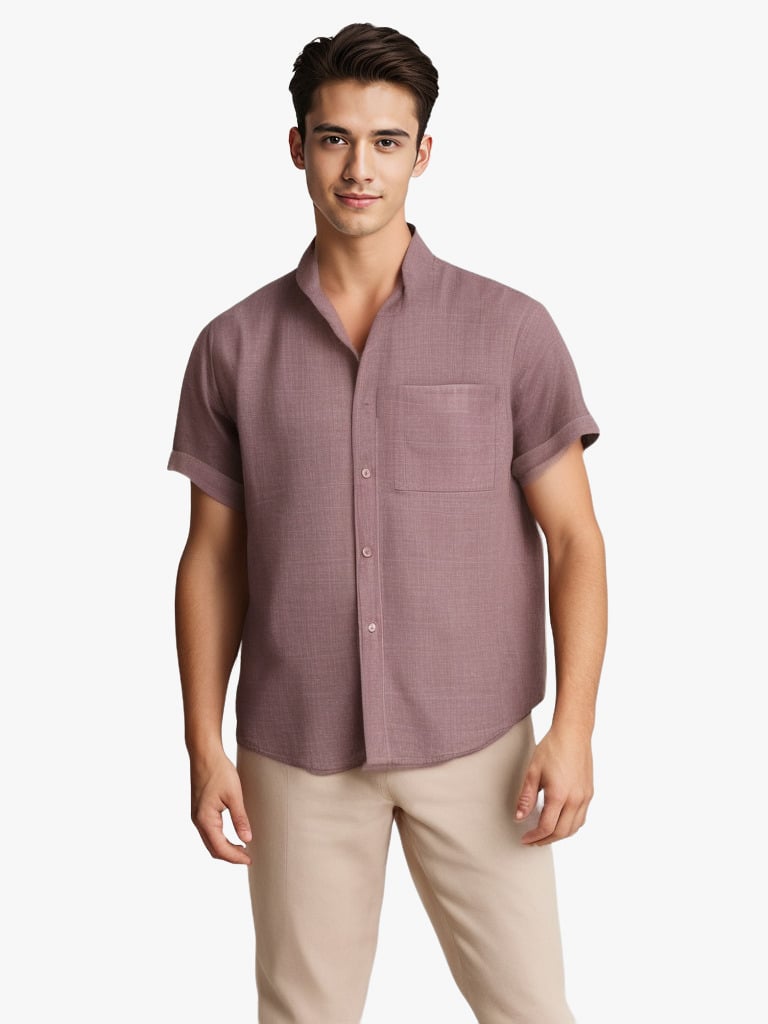 Chemise couleur unie manches courtes à revers en coton et lin été pour homme