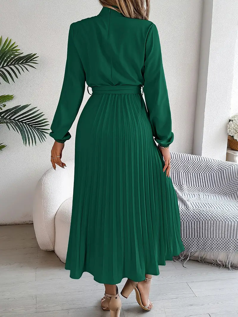 Robe haut de gamme plissé midi ceinturé manches longues pour femme
