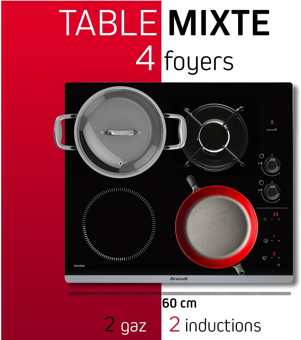 2026 Brandt - BPI6413BM - Plaque Induction et Gaz - Table de Cuisson - Noir - 4 Foyers - 3400W Electrique et 4600 Gaz - Dimensions Encastrement : 56x49cm - 9 Positions par Foyer - Fabriqué en France