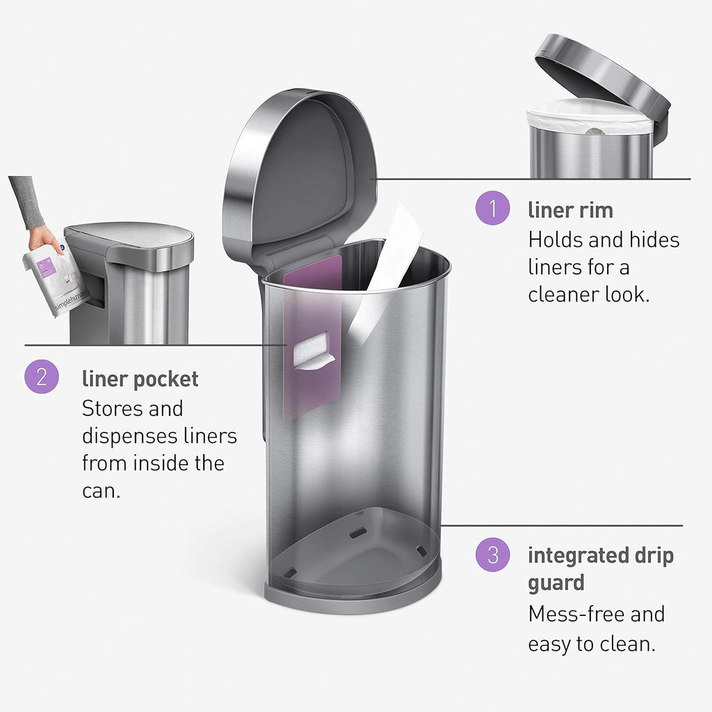 2026 2025 Simplehuman Poubelle de Cuisine Semi-Ronde à Ouverture au Pied 60 Litres avec Couvercle à Fermeture Douce, Acier Inoxydable Brossé