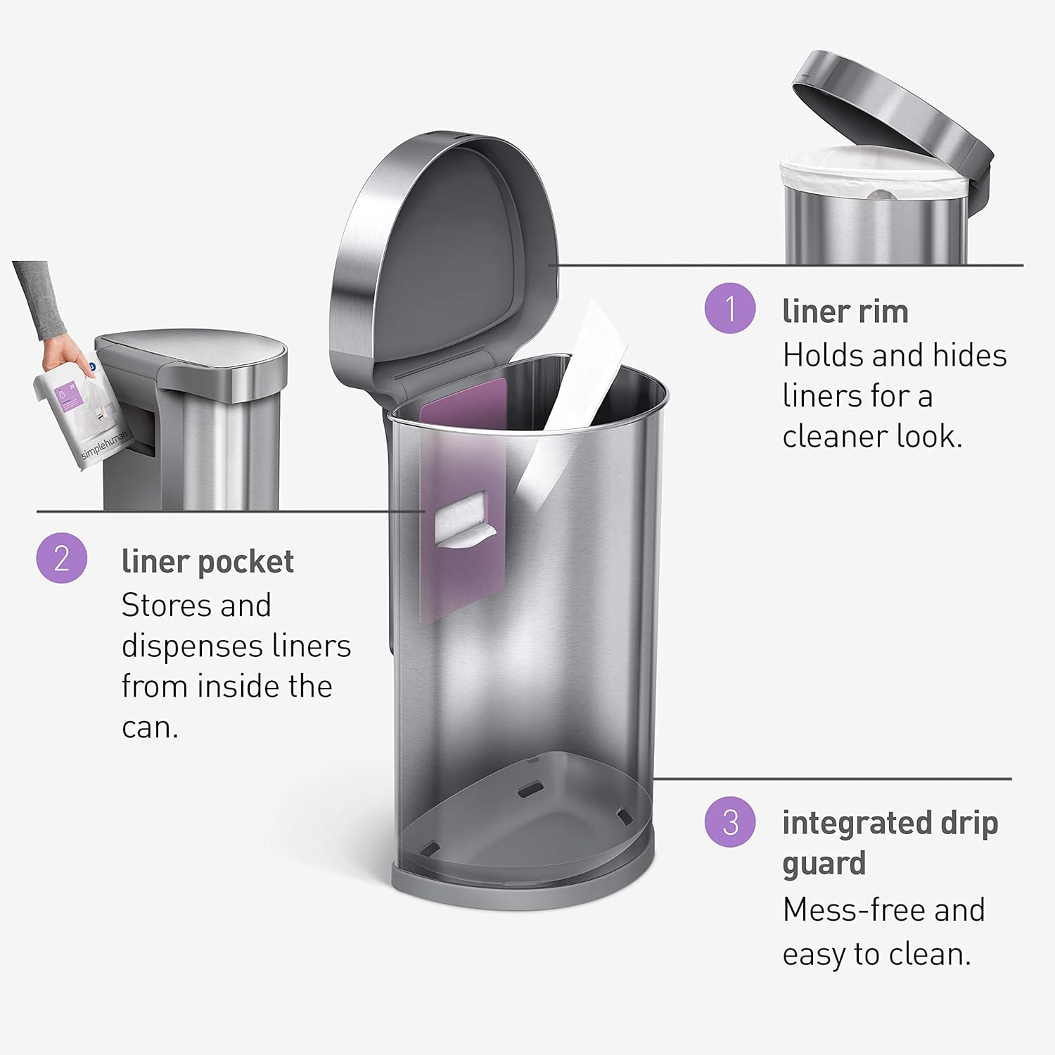 2026 2025 Simplehuman Poubelle de Cuisine Semi-Ronde à Ouverture au Pied 60 Litres avec Couvercle à Fermeture Douce, Acier Inoxydable Brossé