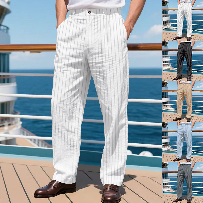 Pantalon rayé en coton et lin cool décontracté confort pour homme