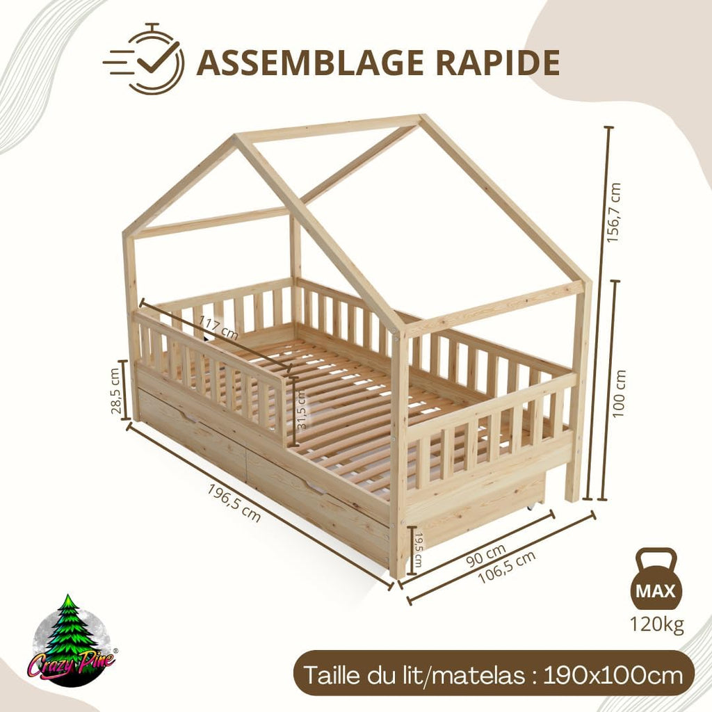 2026 Lit cabane Crazy Pine Crazy House avec tiroirs 190 x 90 cm &ndash; Lit enfant en bois naturel avec barri&egrave;re &ndash; Lit Montessori au sol avec rangement suppl&eacute;mentaire et barri&egrave;re amovible