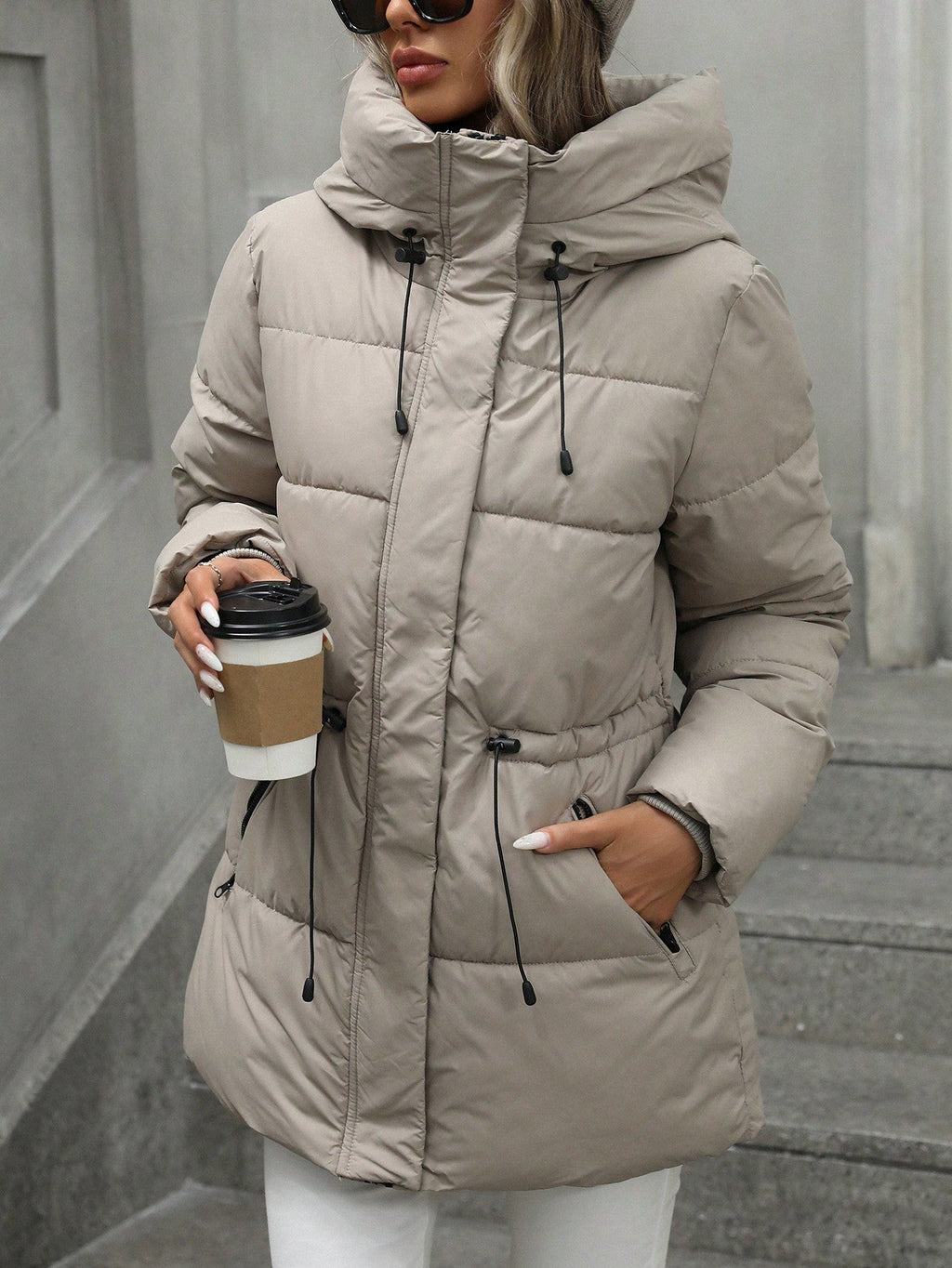 Manteau à capuche matelassé mi-long longueur hiver réglable waist chaud pour femme