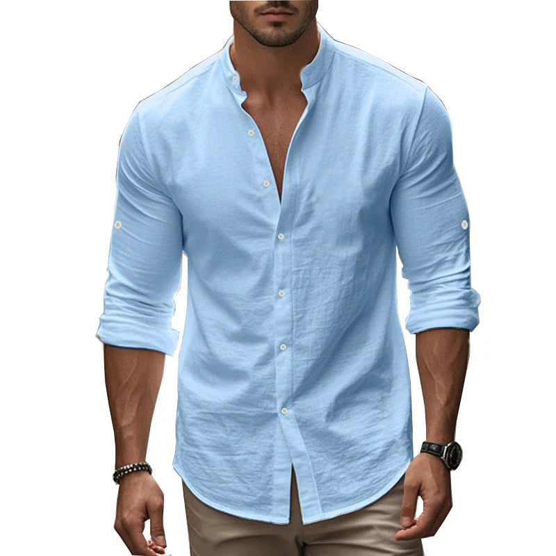 2026 Men's Casual Cotton Standing Collar Long Sleeve Summer Shirt Breathable