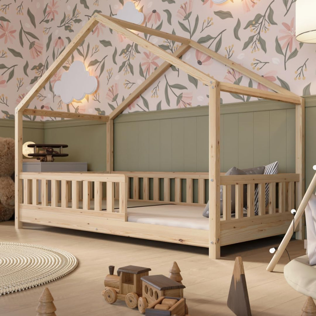 2026 Lit cabane Crazy Pine Crazy House avec tiroirs 190 x 90 cm &ndash; Lit enfant en bois naturel avec barri&egrave;re &ndash; Lit Montessori au sol avec rangement suppl&eacute;mentaire et barri&egrave;re amovible