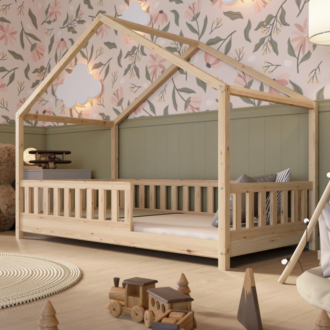 2026 Lit cabane Crazy Pine Crazy House avec tiroirs 190 x 90 cm &ndash; Lit enfant en bois naturel avec barri&egrave;re &ndash; Lit Montessori au sol avec rangement suppl&eacute;mentaire et barri&egrave;re amovible