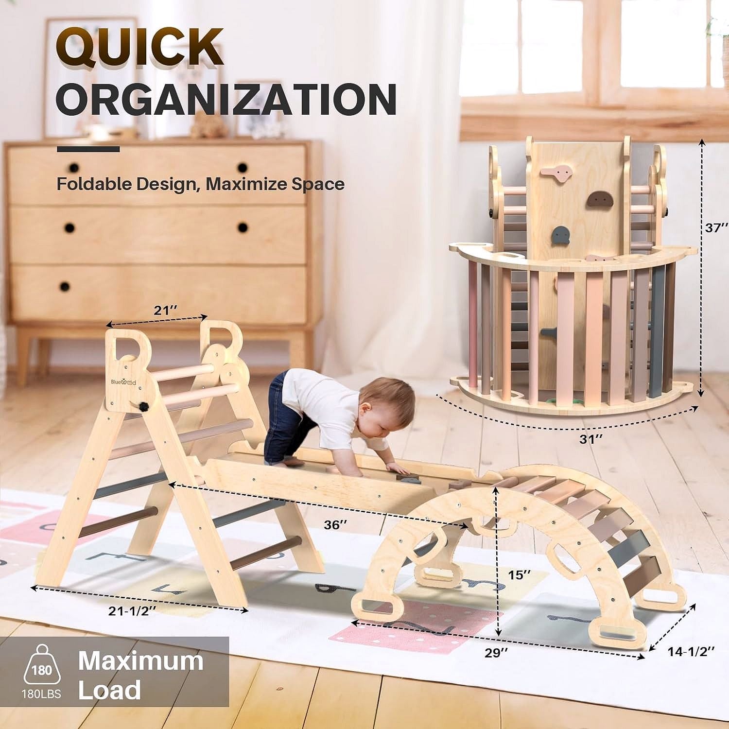 2026 Ensemble Triangle de Pikler 7-en-1 – Aire d’Escalade Montessori Pliable en Bois pour Enfants, avec Arche, Rampe & Échelle – Arc-en-ciel