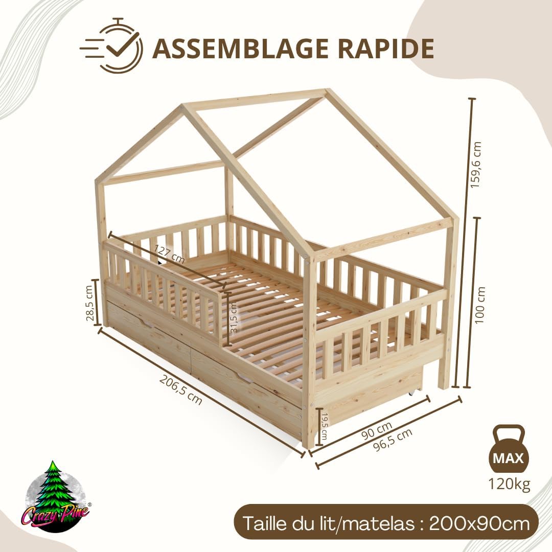 2026 Lit cabane Crazy Pine Crazy House avec tiroirs 190 x 90 cm &ndash; Lit enfant en bois naturel avec barri&egrave;re &ndash; Lit Montessori au sol avec rangement suppl&eacute;mentaire et barri&egrave;re amovible