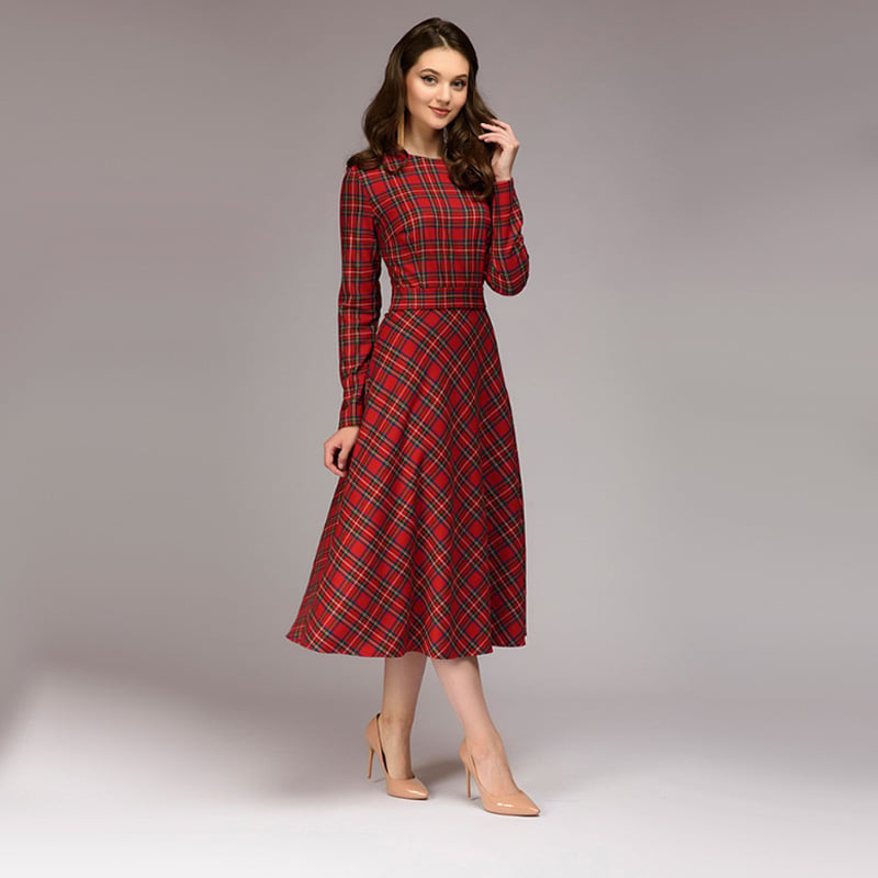 Robe à carreaux élégant midi intemporel chic décontracté pour femme