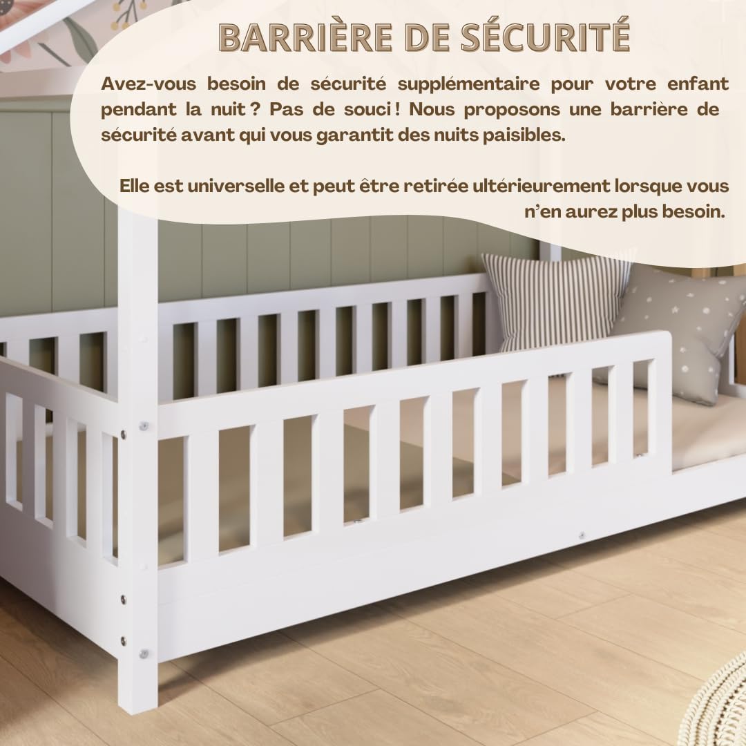 2026 Lit cabane Crazy Pine Crazy House avec tiroirs 190 x 90 cm &ndash; Lit enfant en bois naturel avec barri&egrave;re &ndash; Lit Montessori au sol avec rangement suppl&eacute;mentaire et barri&egrave;re amovible