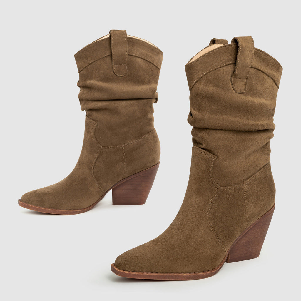 Bottes talon épais mi-mollet marron bout pointu pour femme