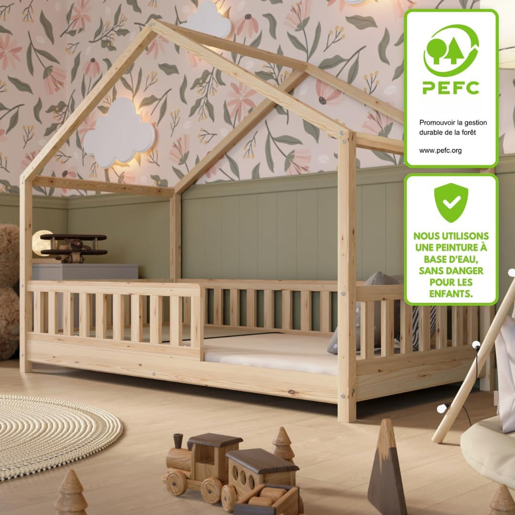 2026 Lit cabane Crazy Pine Crazy House avec tiroirs 190 x 90 cm &ndash; Lit enfant en bois naturel avec barri&egrave;re &ndash; Lit Montessori au sol avec rangement suppl&eacute;mentaire et barri&egrave;re amovible