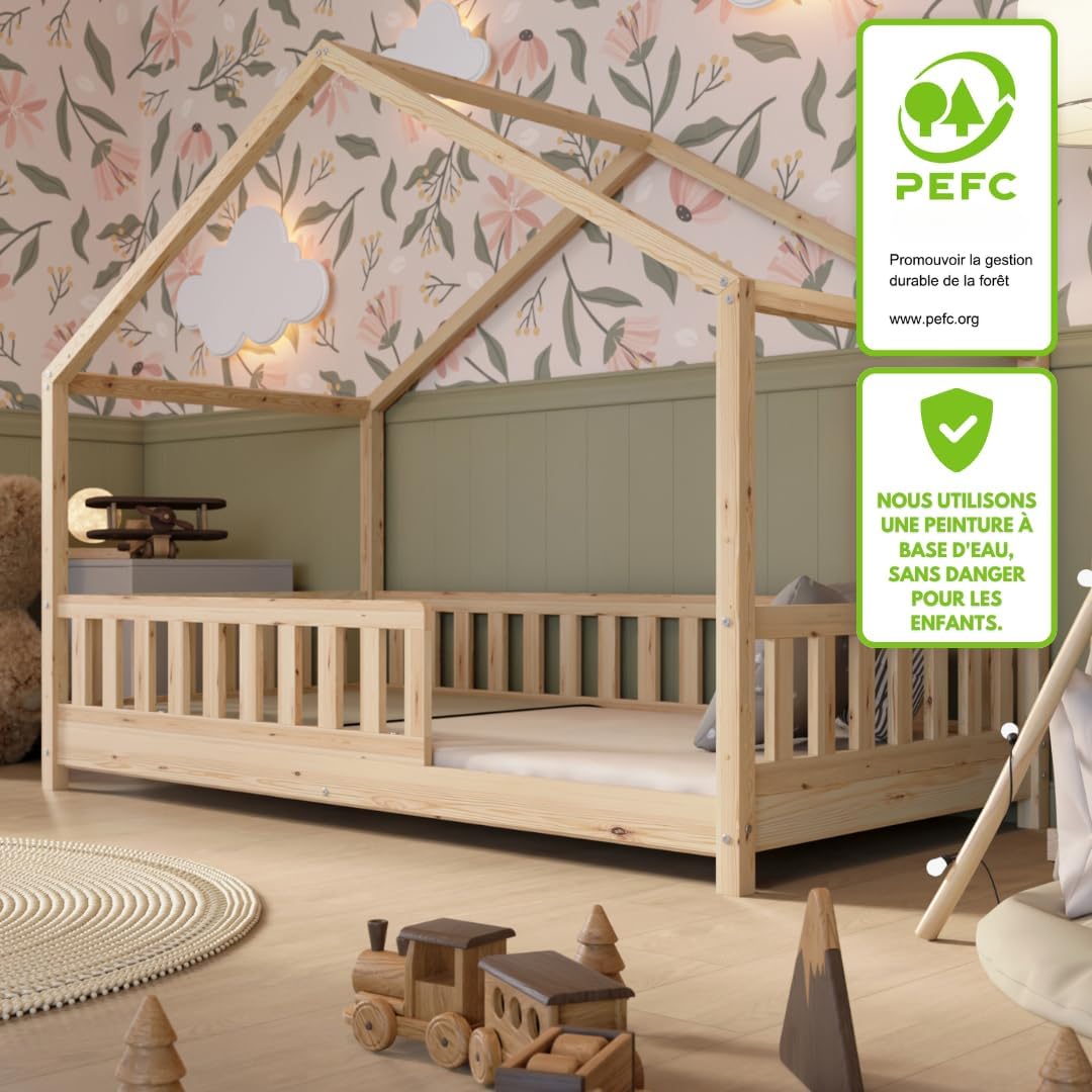 2026 Lit cabane Crazy Pine Crazy House avec tiroirs 190 x 90 cm &ndash; Lit enfant en bois naturel avec barri&egrave;re &ndash; Lit Montessori au sol avec rangement suppl&eacute;mentaire et barri&egrave;re amovible
